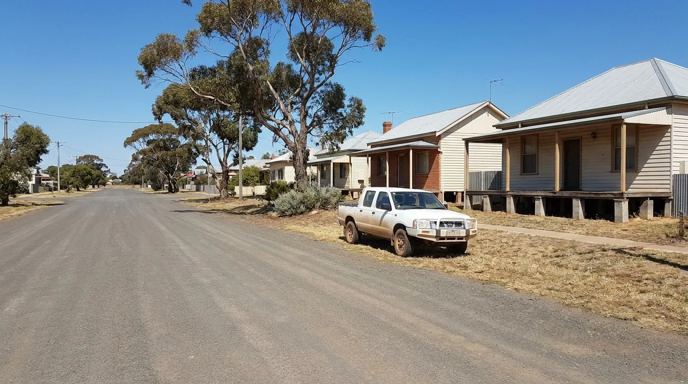 Street of older weatherboard homes on stumps in a Murray and Mallee town