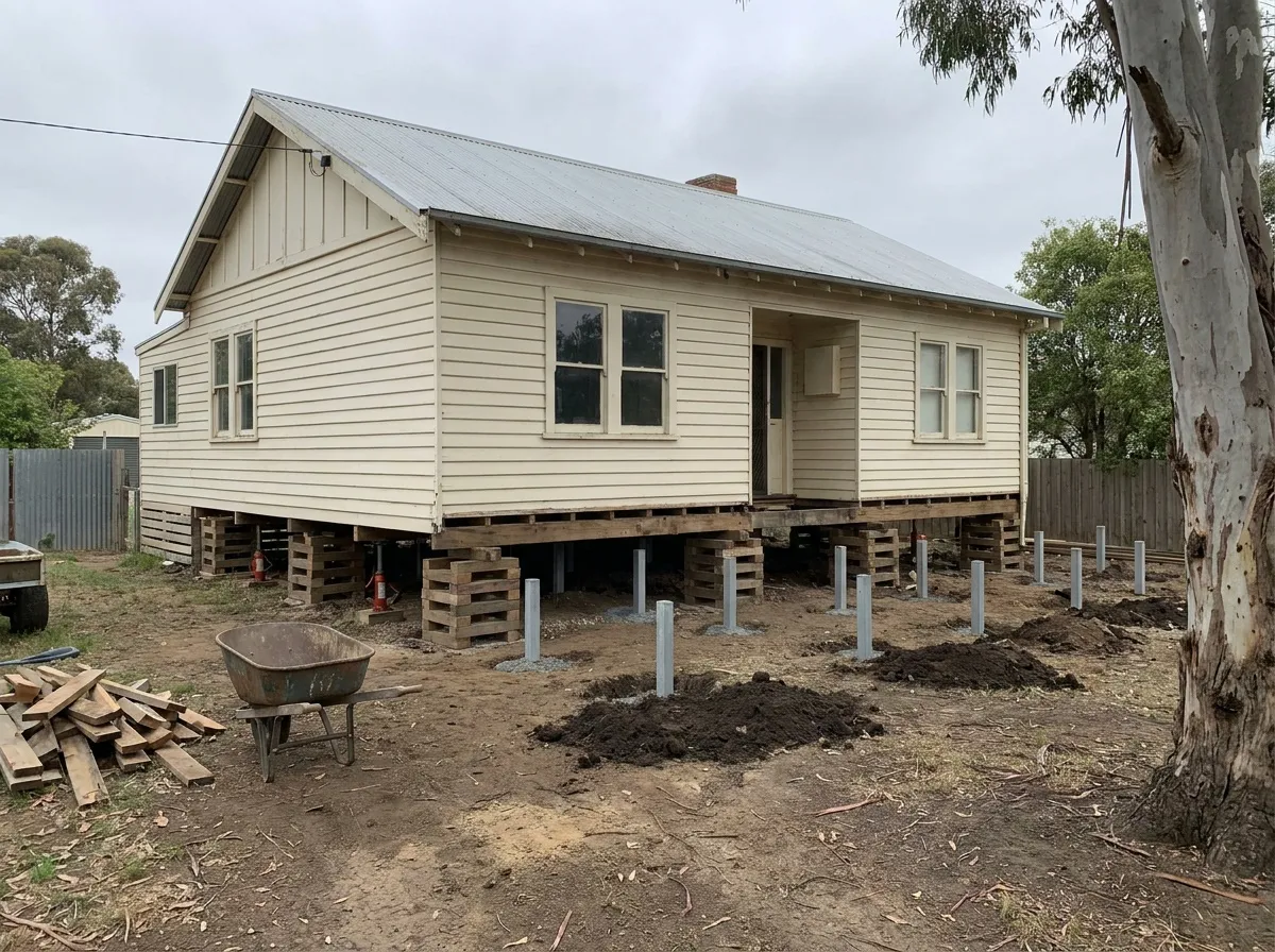 Older weatherboard home on cribbing while new stumps are installed